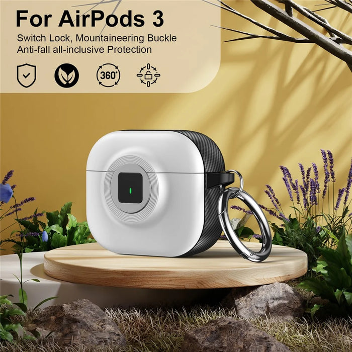 For Apple AirPods 3 Case PC+TPU Flip Earphone Cover with Carabiner and Switch Lock - White - 3