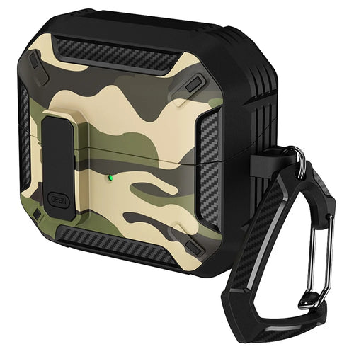 For Samsung Galaxy Buds3  /  Galaxy Buds3 Pro TPU + PC Earphone Protective Case Camouflage Earbud Charging Box with Carabiner - Green - 1