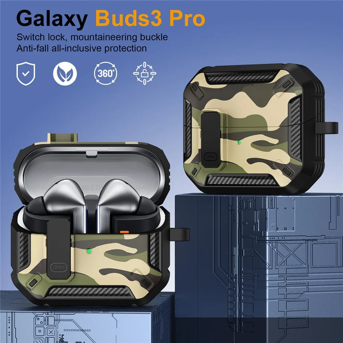For Samsung Galaxy Buds3  /  Galaxy Buds3 Pro TPU + PC Earphone Protective Case Camouflage Earbud Charging Box with Carabiner - Green - 3