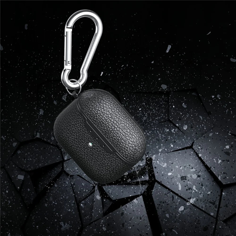 For AirPods 4 Charging Case Cover Litchi Texture Bluetooth-compatible Earbuds Shockproof TPU Case with Buckle - Black - 3