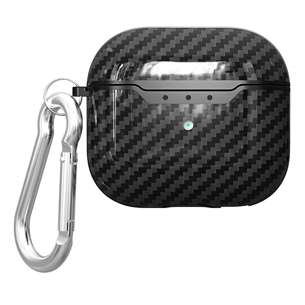 For AirPods 4 Charging Case Cover Carbon Fiber Texture Bluetooth-compatible Earbuds Shockproof TPU Case with Buckle - Black - 1