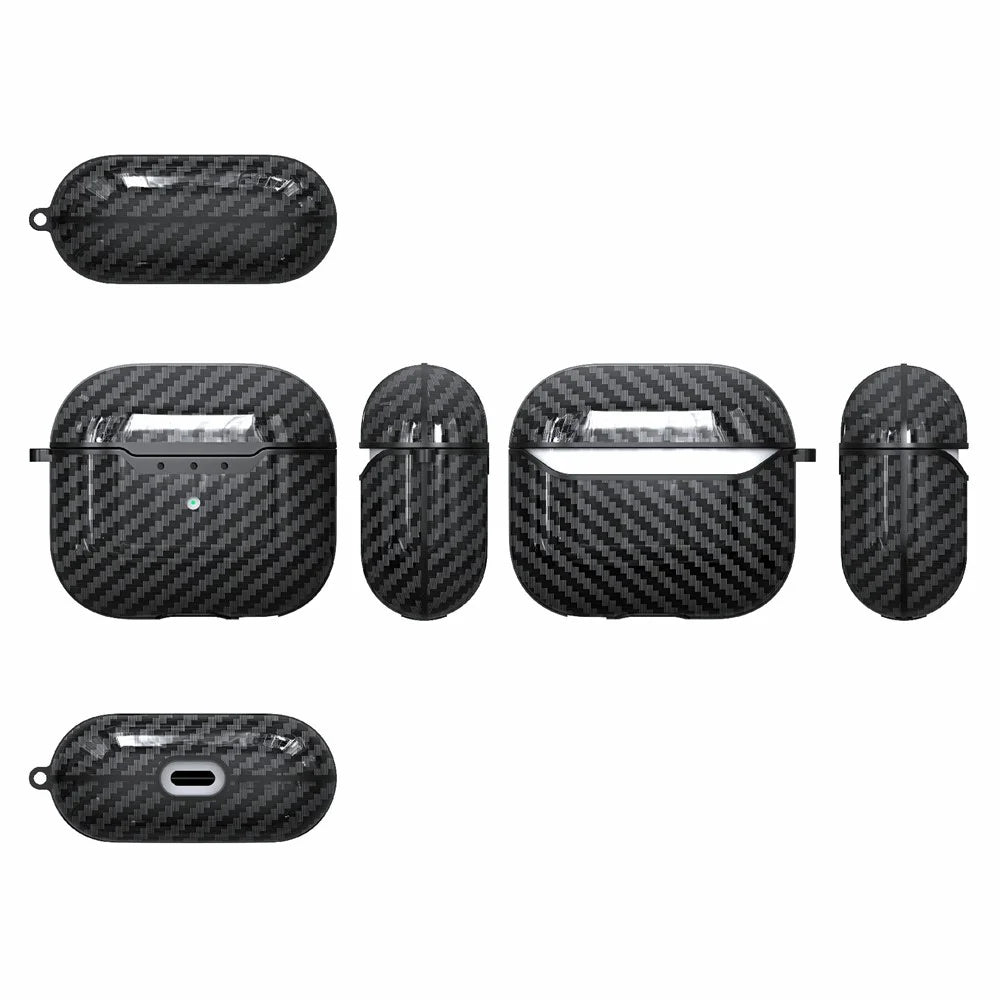 For AirPods 4 Charging Case Cover Carbon Fiber Texture Bluetooth-compatible Earbuds Shockproof TPU Case with Buckle - Black - 2