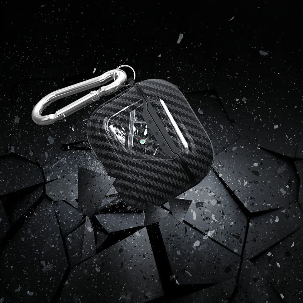 For AirPods 4 Charging Case Cover Carbon Fiber Texture Bluetooth-compatible Earbuds Shockproof TPU Case with Buckle - Black - 3