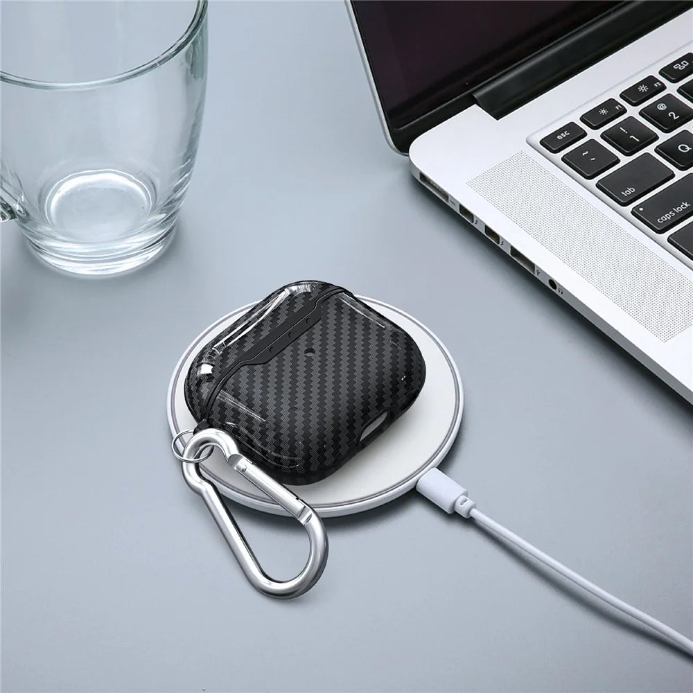 For AirPods 4 Charging Case Cover Carbon Fiber Texture Bluetooth-compatible Earbuds Shockproof TPU Case with Buckle - Black - 4