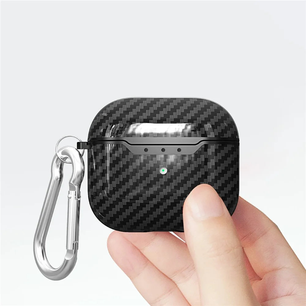 For AirPods 4 Charging Case Cover Carbon Fiber Texture Bluetooth-compatible Earbuds Shockproof TPU Case with Buckle - Black - 5
