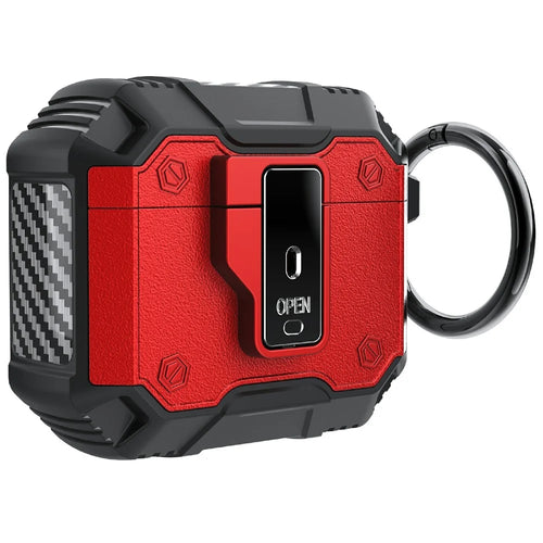For AirPods 4 Charging Case Cover Button Lock TPU+PC Bluetooth-compatible Earbuds Protector with Metal Buckle - Red - 1
