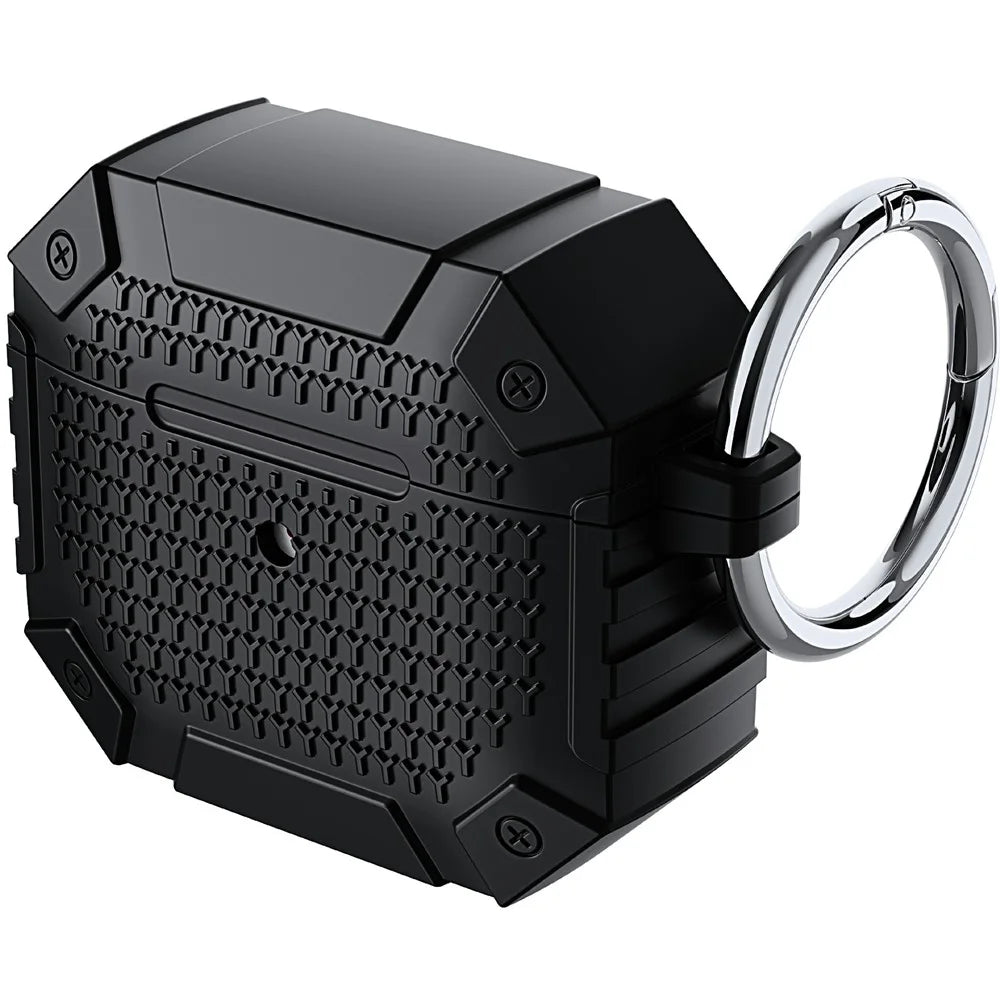For AirPods 4 TPU Shockproof Reinforced Earbud Case Heavy Duty Military Protective Cover with Carabiner - Black - 1