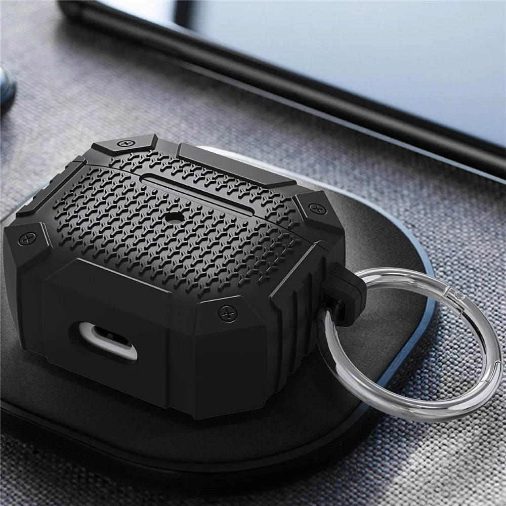 For AirPods 4 TPU Shockproof Reinforced Earbud Case Heavy Duty Military Protective Cover with Carabiner - Black - 3