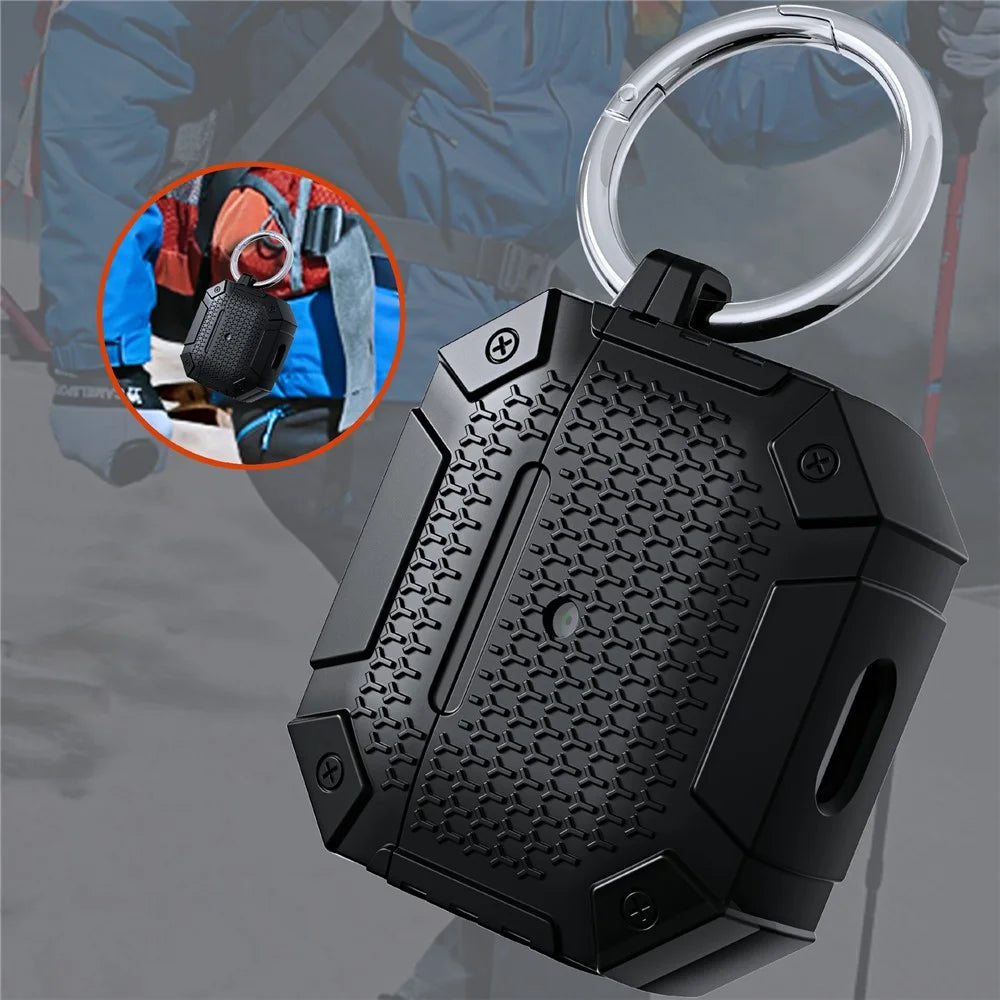 For AirPods 4 TPU Shockproof Reinforced Earbud Case Heavy Duty Military Protective Cover with Carabiner - Black - 4