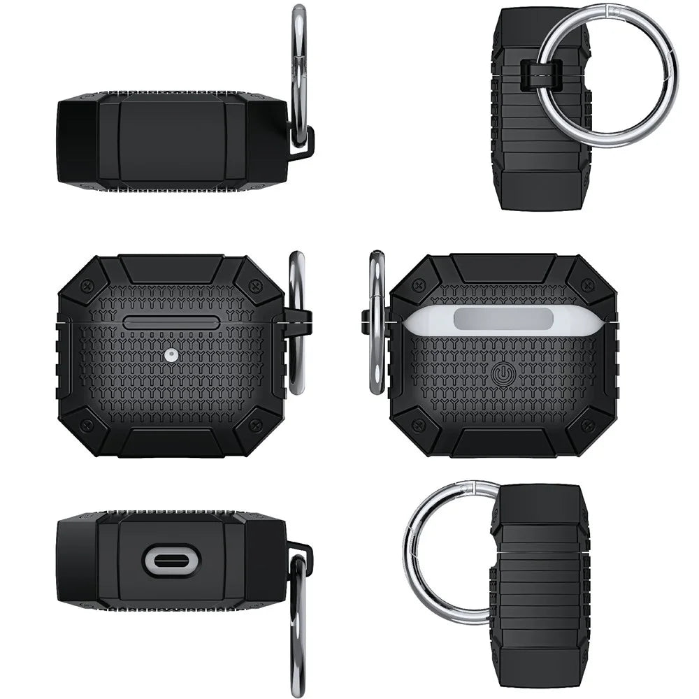 For AirPods 4 TPU Shockproof Reinforced Earbud Case Heavy Duty Military Protective Cover with Carabiner - Black - 7
