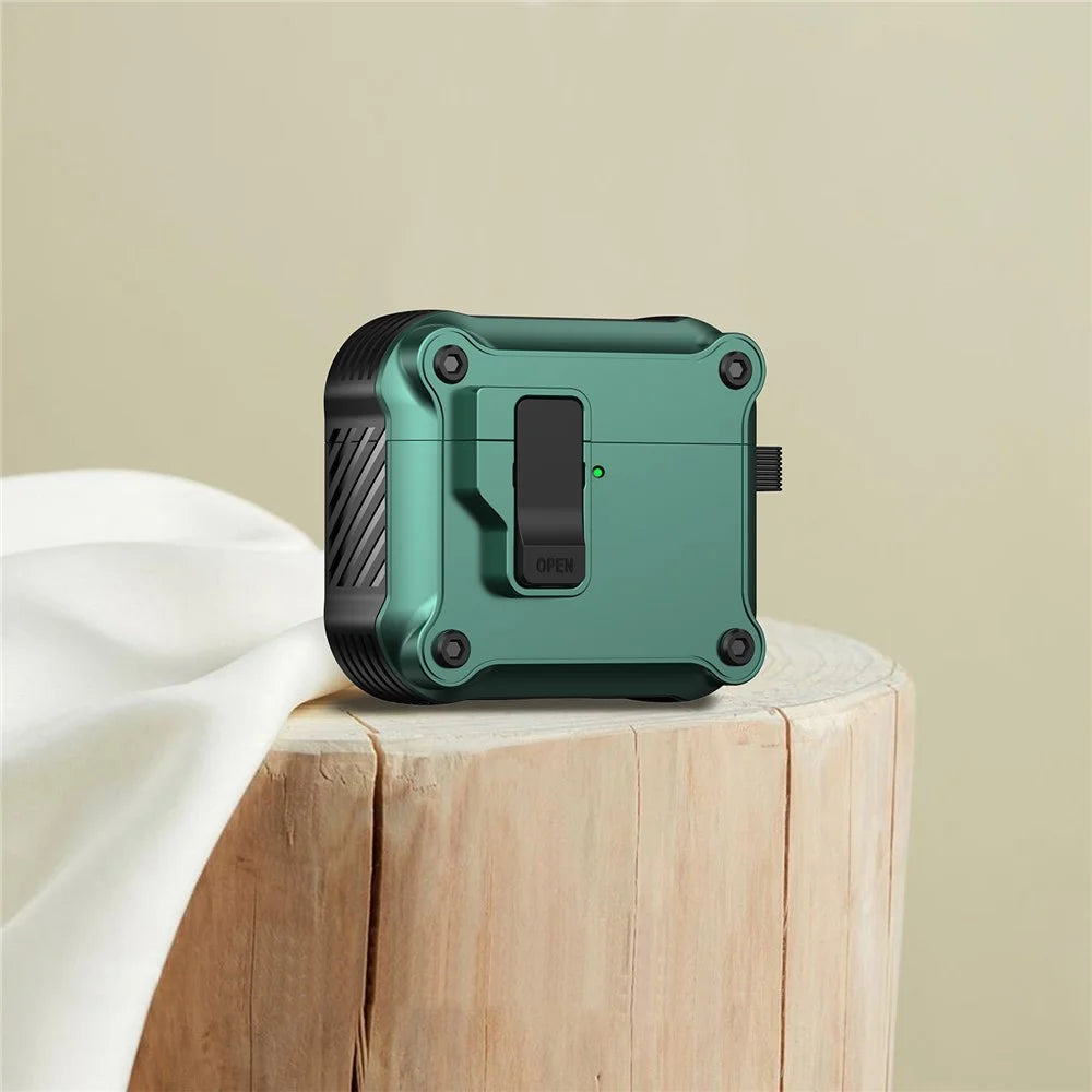 For AirPods 4 Case TPU+PC Protector Bluetooth-compatible Earbuds Cover with Carabiner - Green - 2