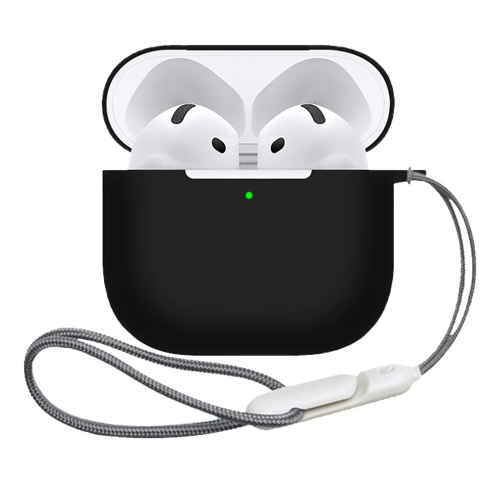 For AirPods 4 Case Bluetooth-compatible Earphone Silicone Case Earbud Protective Cover with Lanyard - Black - 1