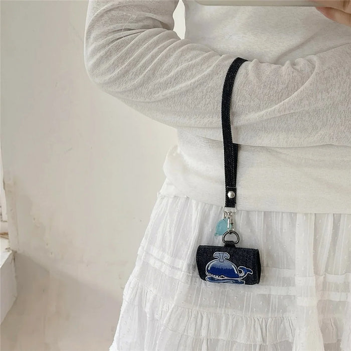For AirPods 4 / 3 / Pro 2 / Pro Case Cartoon Denim Earbud Storage Bag with Luminous Pendant - Whale - 2