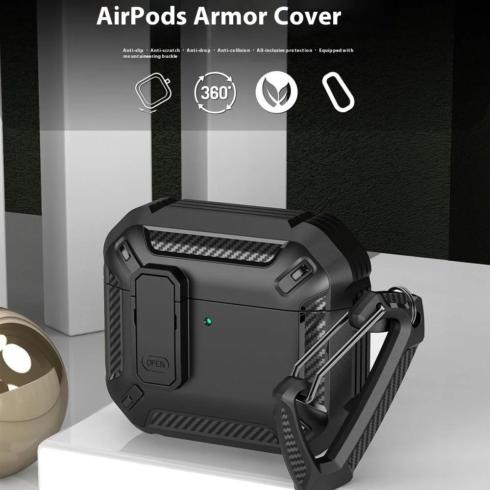 For Apple AirPods 4 Case TPU Earphone Charging Box Case Anti-Fall Protective Cover with Carabiner - Black - 3
