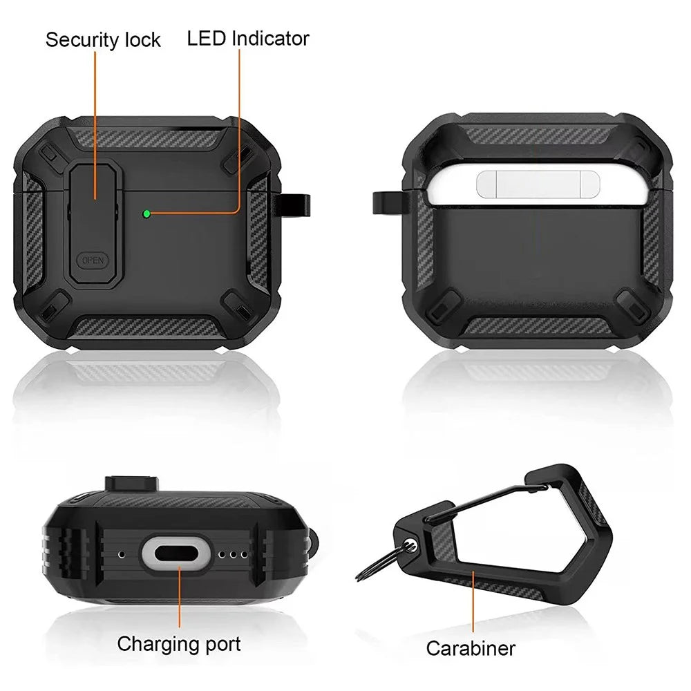 For Apple AirPods 4 Case TPU Earphone Charging Box Case Anti-Fall Protective Cover with Carabiner - Black - 4