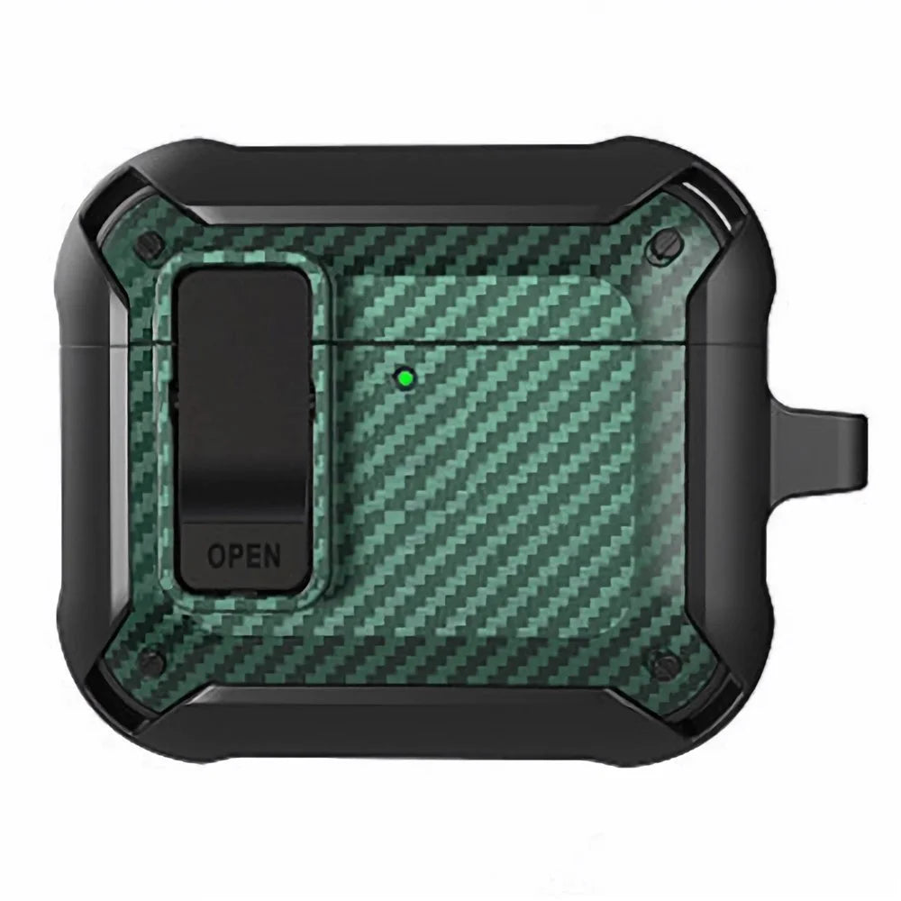 For AirPods 4 Bluetooth-compatible Earphone Cover Carbon Fiber Texture TPU+PC Anti-Drop Case with Buckle - Green - 1