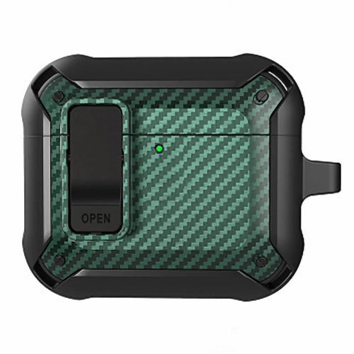 For AirPods 4 Bluetooth-compatible Earphone Cover Carbon Fiber Texture TPU+PC Anti-Drop Case with Buckle - Green - 1