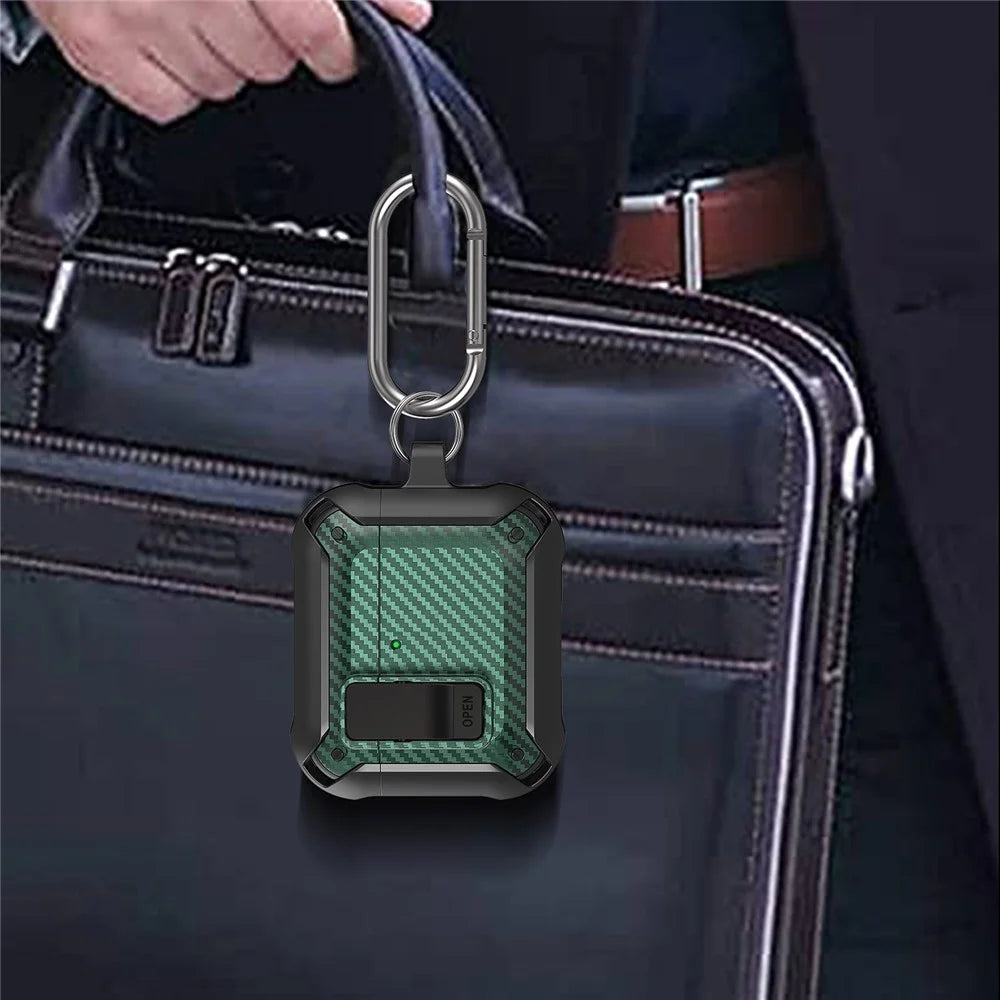 For AirPods 4 Bluetooth-compatible Earphone Cover Carbon Fiber Texture TPU+PC Anti-Drop Case with Buckle - Green - 3
