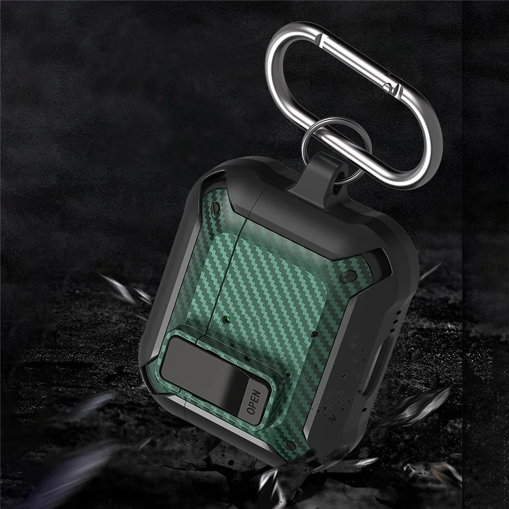 For AirPods 4 Bluetooth-compatible Earphone Cover Carbon Fiber Texture TPU+PC Anti-Drop Case with Buckle - Green - 4