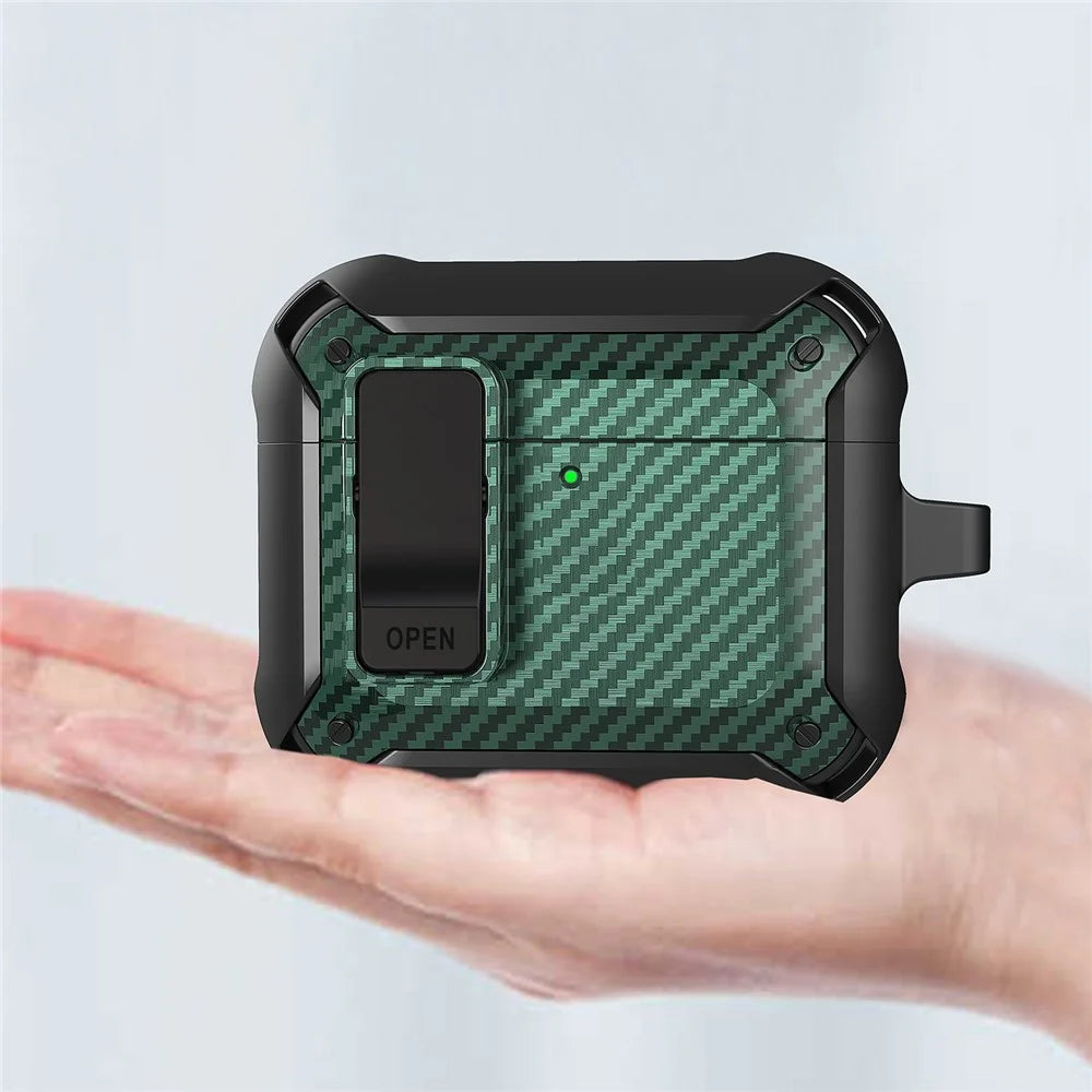 For AirPods 4 Bluetooth-compatible Earphone Cover Carbon Fiber Texture TPU+PC Anti-Drop Case with Buckle - Green - 5