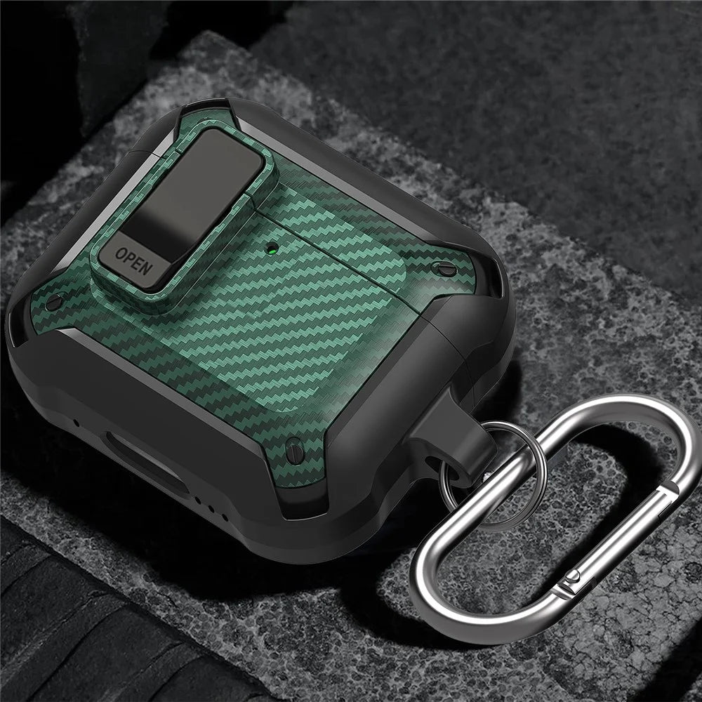 For AirPods 4 Bluetooth-compatible Earphone Cover Carbon Fiber Texture TPU+PC Anti-Drop Case with Buckle - Green - 6