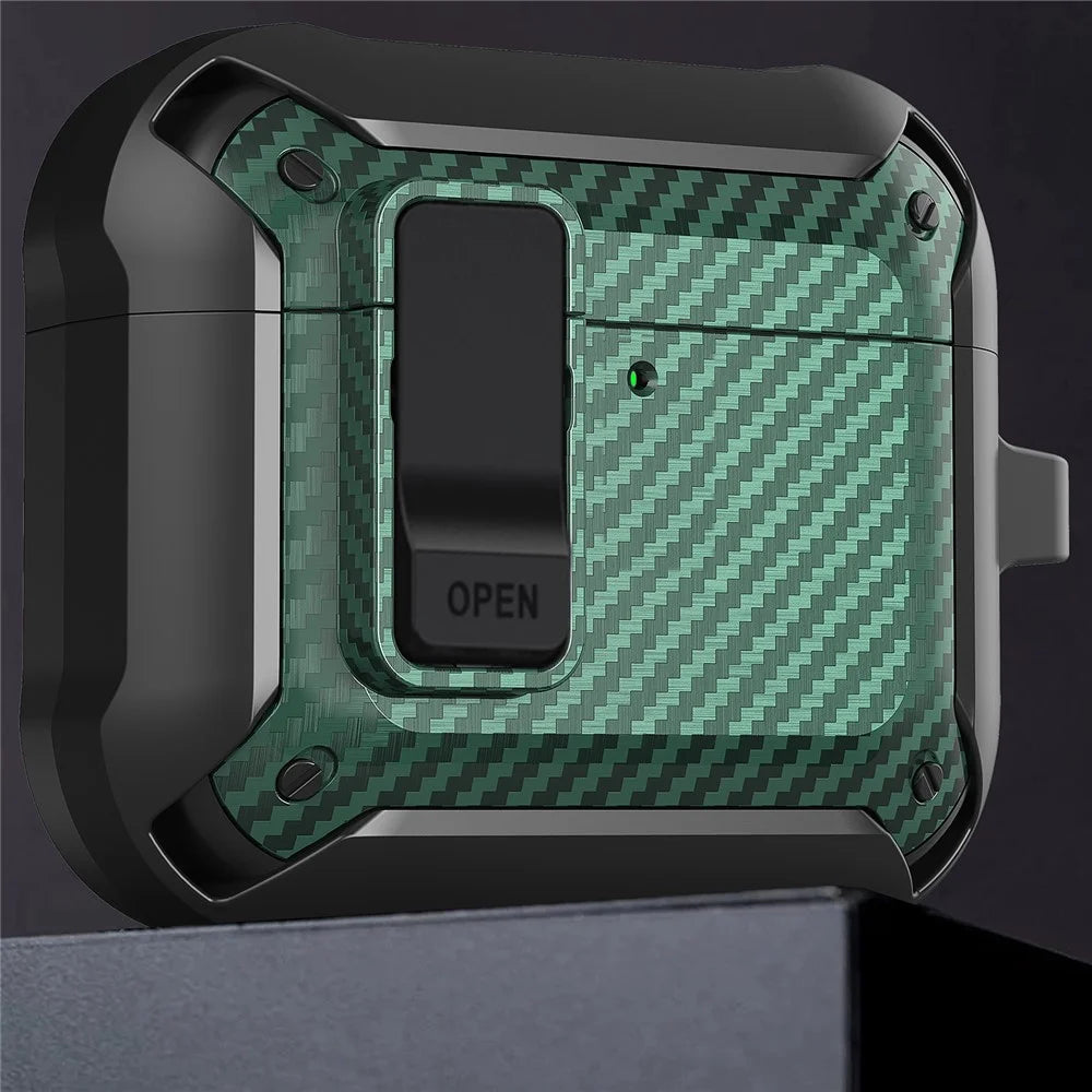 For AirPods 4 Bluetooth-compatible Earphone Cover Carbon Fiber Texture TPU+PC Anti-Drop Case with Buckle - Green - 7