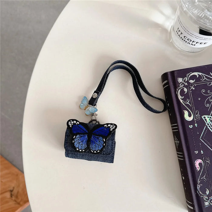 For AirPods 4 / 3 / Pro 2 / Pro Case Butterfly Pattern Denim Earbud Storage Bag with Pendant - Blue - 2