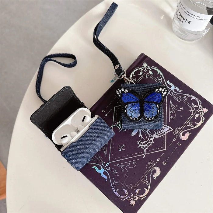 For AirPods 4 / 3 / Pro 2 / Pro Case Butterfly Pattern Denim Earbud Storage Bag with Pendant - Blue - 3