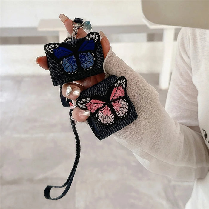 For AirPods 4 / 3 / Pro 2 / Pro Case Butterfly Pattern Denim Earbud Storage Bag with Pendant - Blue - 5