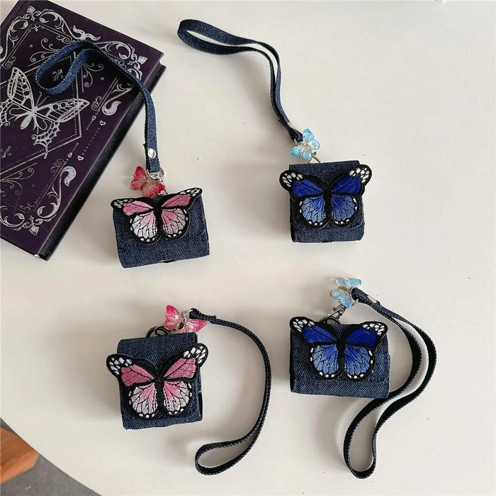 For AirPods 4 / 3 / Pro 2 / Pro Case Butterfly Pattern Denim Earbud Storage Bag with Pendant - Blue - 7