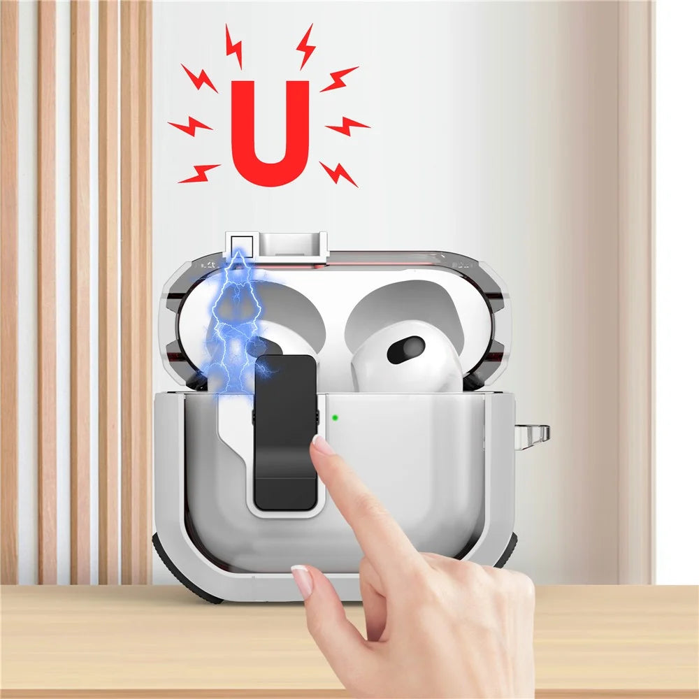 For AirPods 4 Clear Earphone Case Button Lock TPU+PC Rugged Cover with Carabiner - White  /  Black - 2