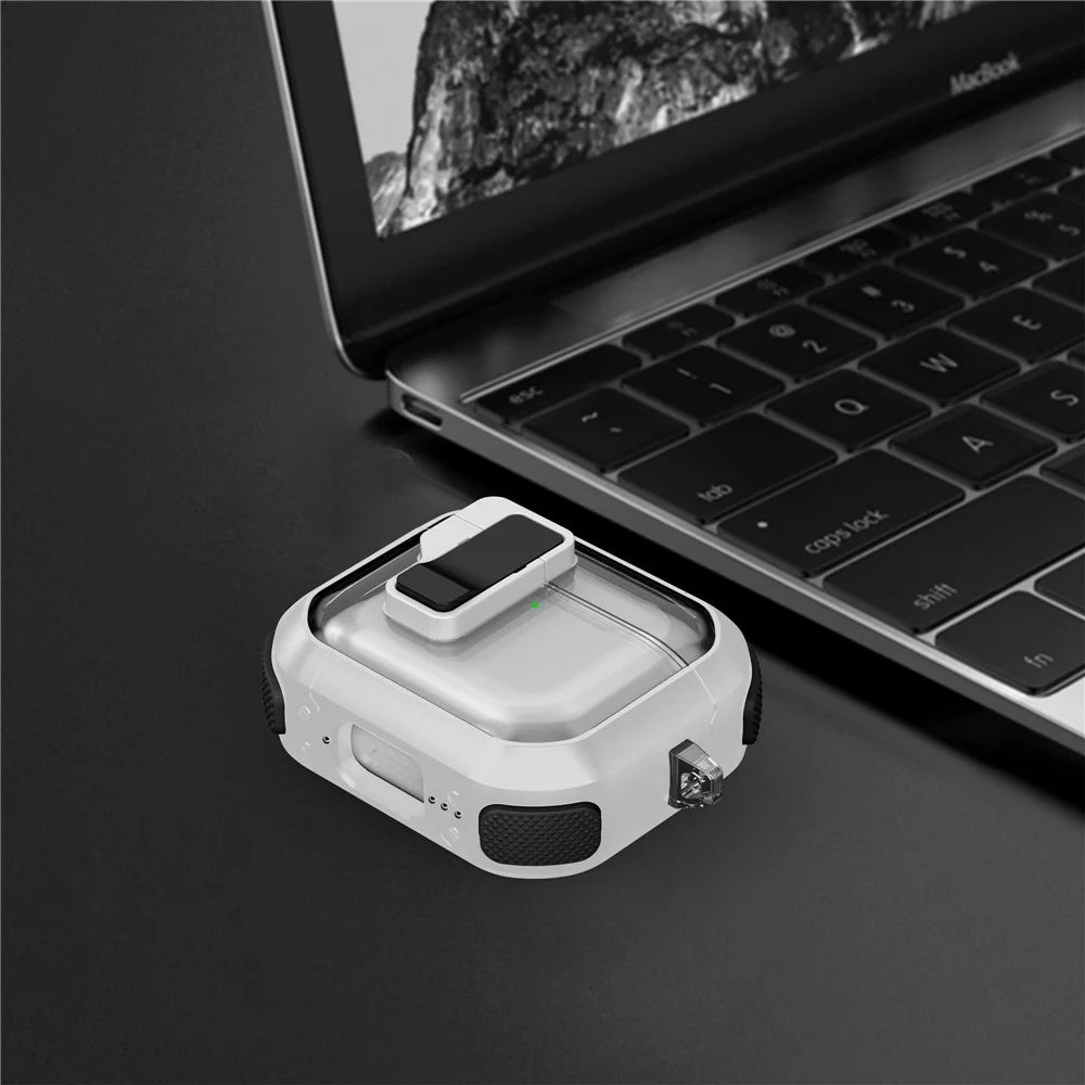 For AirPods 4 Clear Earphone Case Button Lock TPU+PC Rugged Cover with Carabiner - White  /  Black - 3