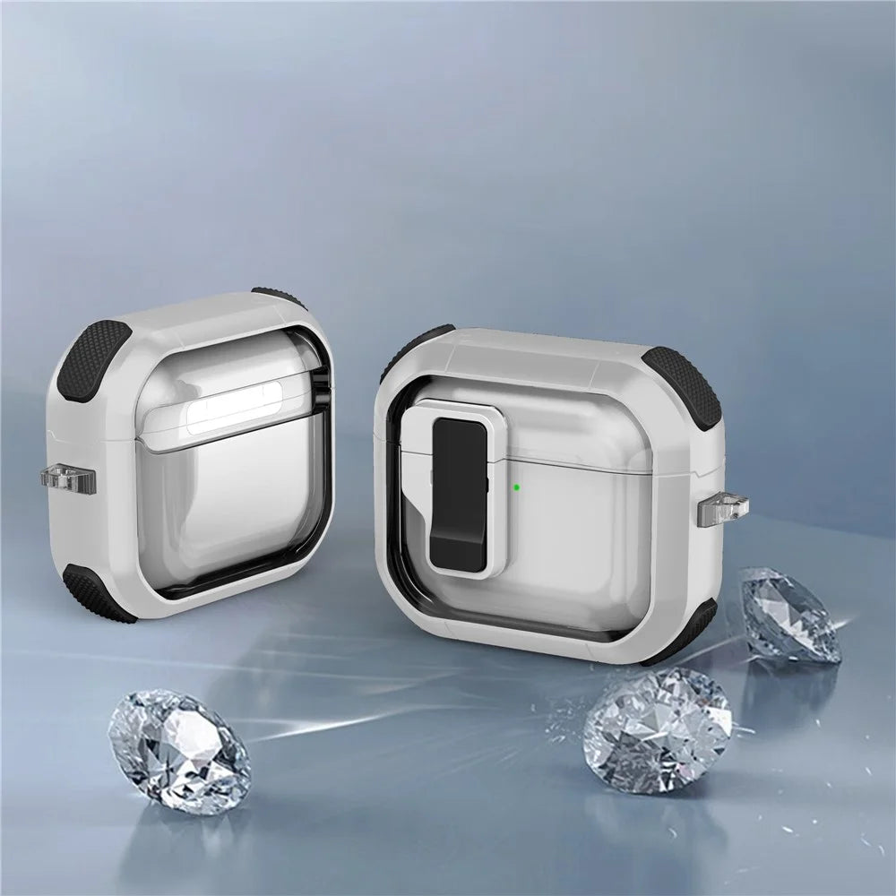 For AirPods 4 Clear Earphone Case Button Lock TPU+PC Rugged Cover with Carabiner - White  /  Black - 4