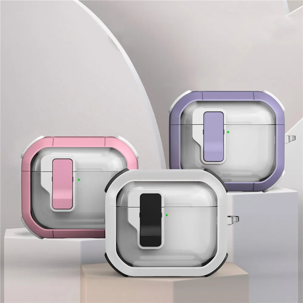 For AirPods 4 Clear Earphone Case Button Lock TPU+PC Rugged Cover with Carabiner - White  /  Black - 5