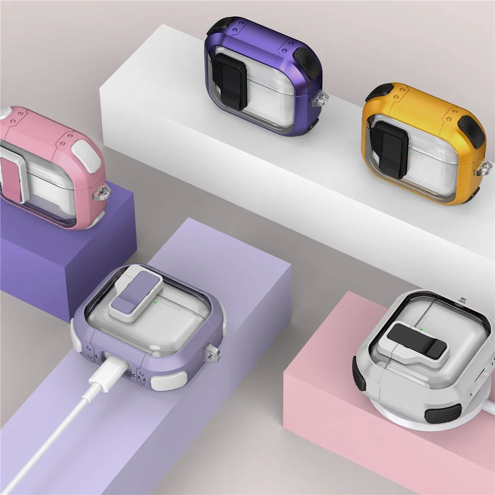 For AirPods 4 Clear Earphone Case Button Lock TPU+PC Rugged Cover with Carabiner - White  /  Black - 6
