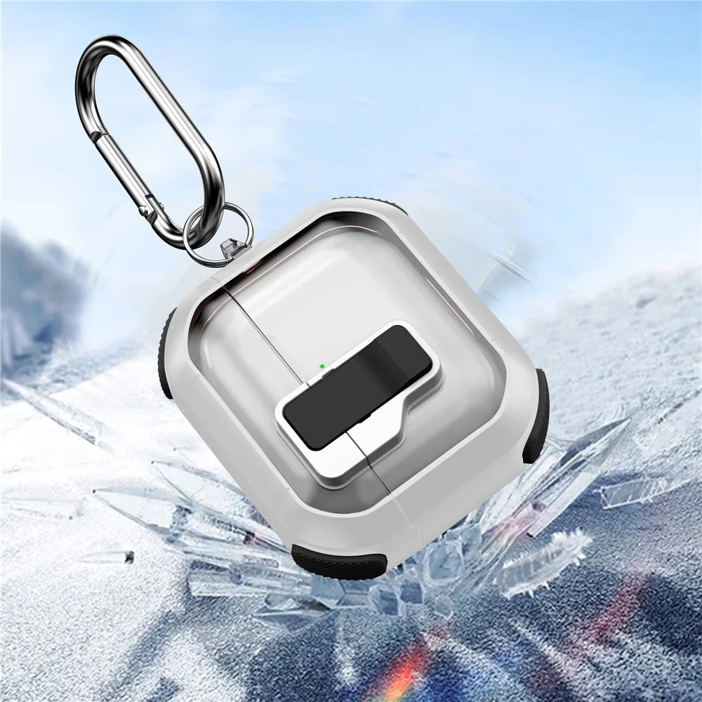 For AirPods 4 Clear Earphone Case Button Lock TPU+PC Rugged Cover with Carabiner - White  /  Black - 7