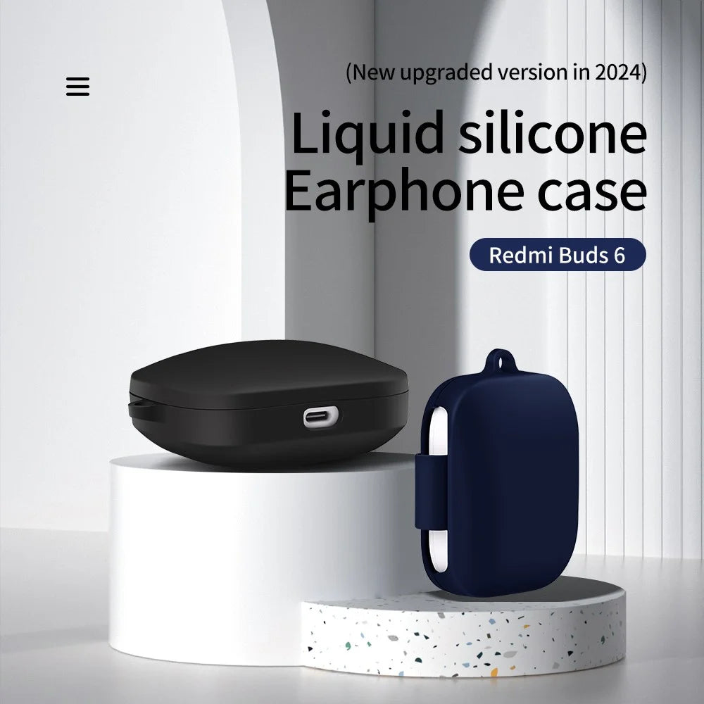For Xiaomi Redmi Buds 6 Silicone Case Bluetooth-compatible Earphone Cover with Carabiner - Black - 6