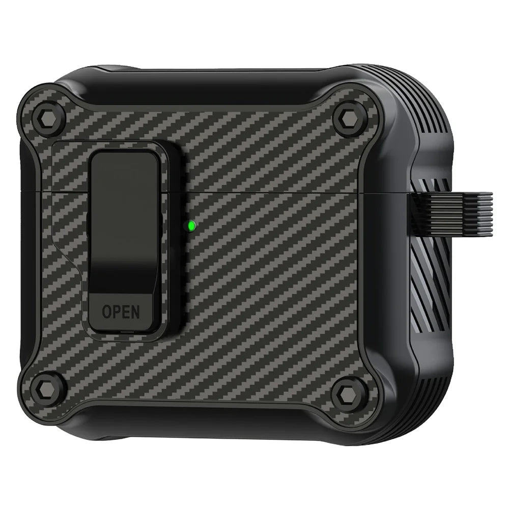 For AirPods 4 Case TPU+PC Carbon Fiber Texture Bluetooth-compatible Earbuds Cover with Carabiner - Black - 1