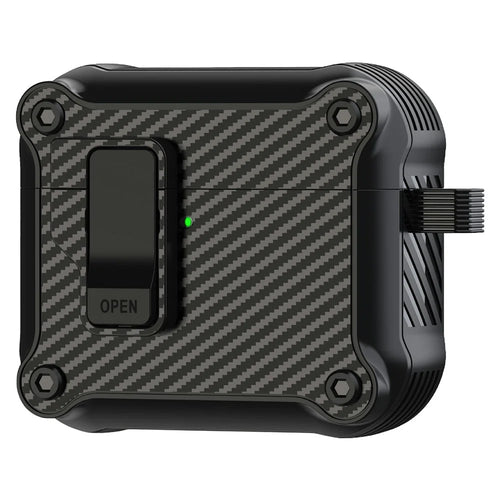 For AirPods 4 Case TPU+PC Carbon Fiber Texture Bluetooth-compatible Earbuds Cover with Carabiner - Black - 1