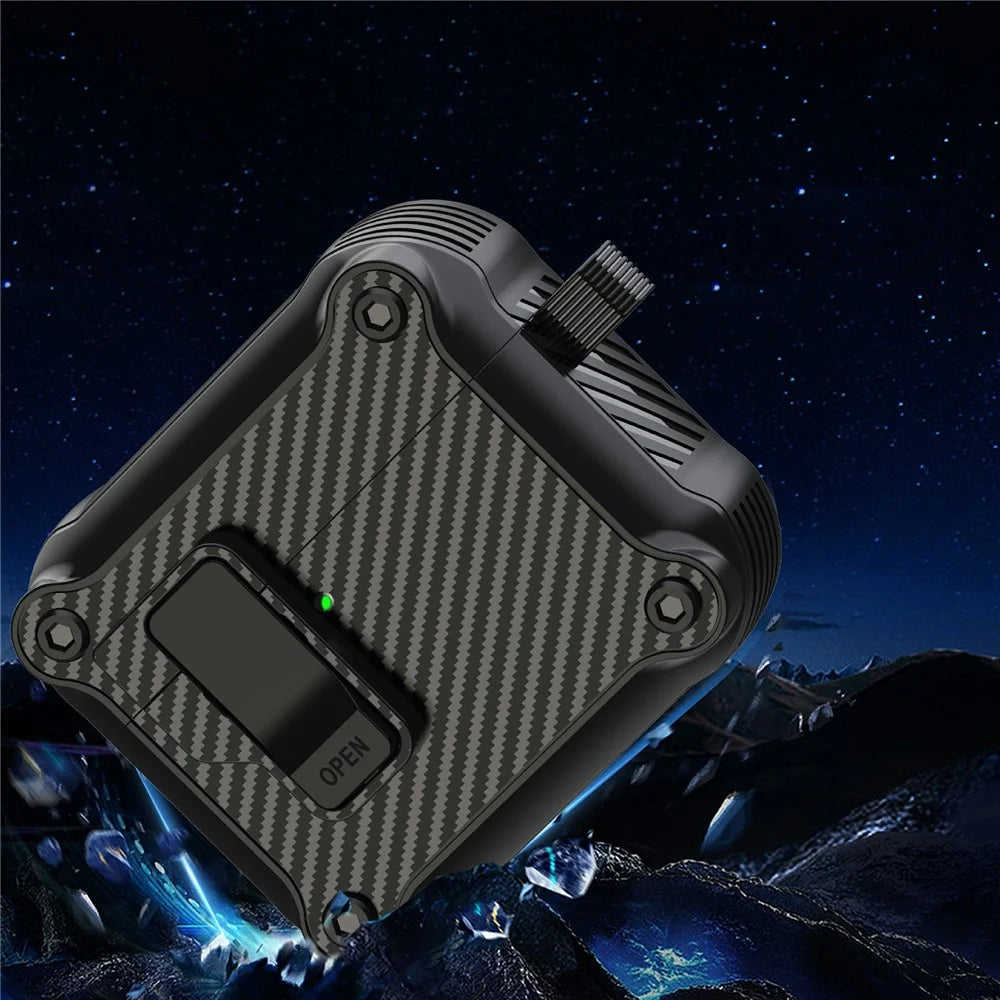 For AirPods 4 Case TPU+PC Carbon Fiber Texture Bluetooth-compatible Earbuds Cover with Carabiner - Black - 2