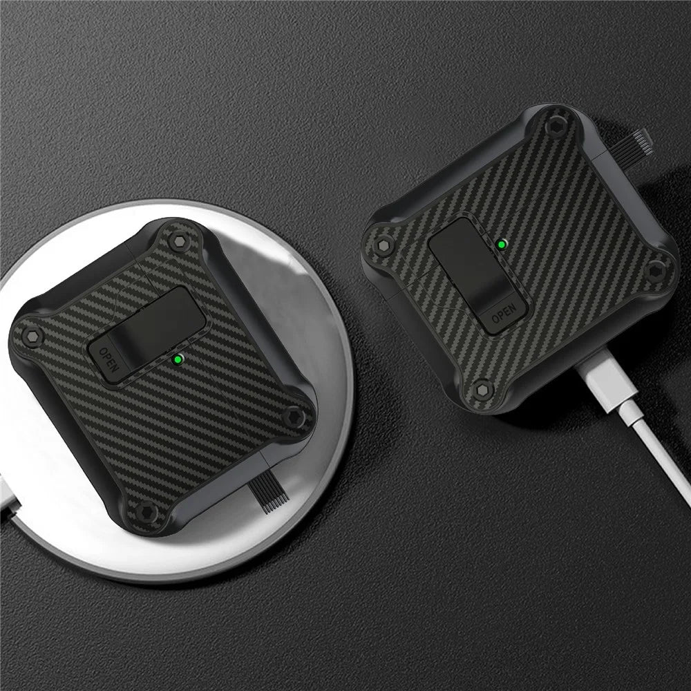 For AirPods 4 Case TPU+PC Carbon Fiber Texture Bluetooth-compatible Earbuds Cover with Carabiner - Black - 3