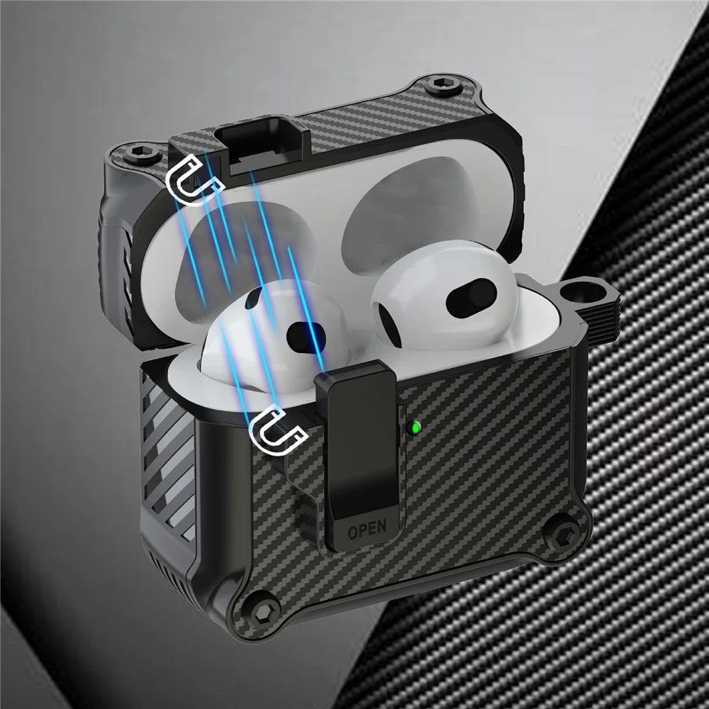 For AirPods 4 Case TPU+PC Carbon Fiber Texture Bluetooth-compatible Earbuds Cover with Carabiner - Black - 4