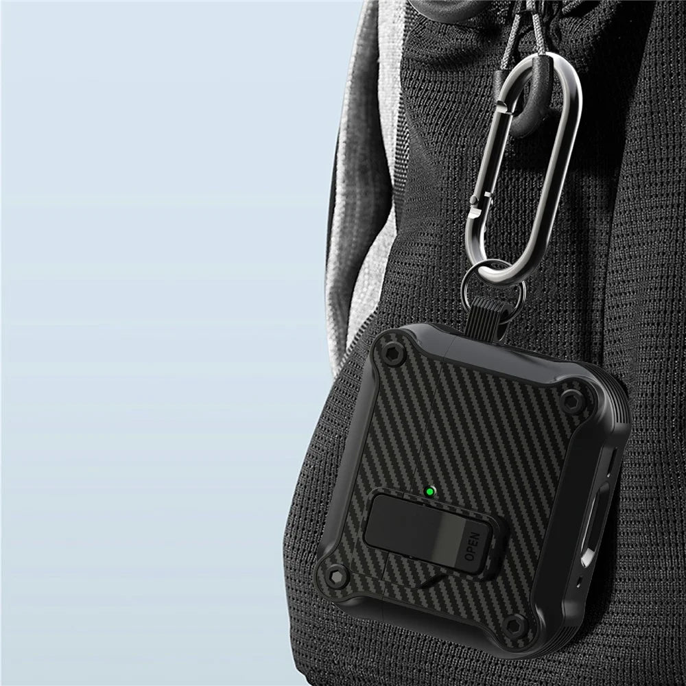 For AirPods 4 Case TPU+PC Carbon Fiber Texture Bluetooth-compatible Earbuds Cover with Carabiner - Black - 5