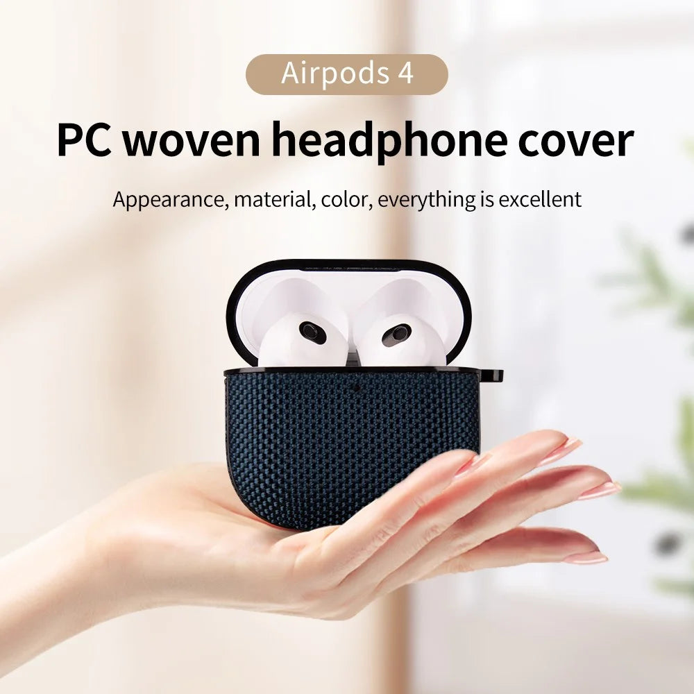 For Apple AirPods 4 Woven Texture Waterproof PC Case with Carabiner Earphone Protective Cover - Dark Blue - 2