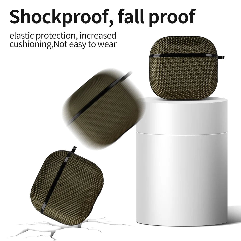 For Apple AirPods 4 Woven Texture Waterproof PC Case with Carabiner Earphone Protective Cover - Dark Blue - 4
