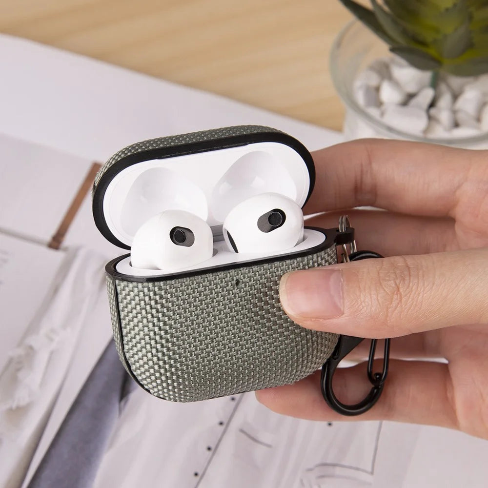 For Apple AirPods 4 Woven Texture Waterproof PC Case with Carabiner Earphone Protective Cover - Dark Blue - 5