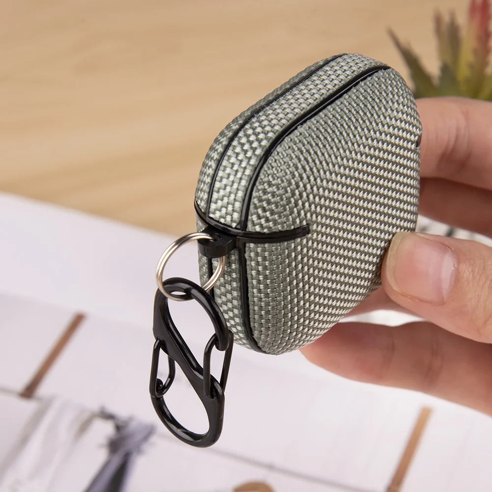 For Apple AirPods 4 Woven Texture Waterproof PC Case with Carabiner Earphone Protective Cover - Dark Blue - 6