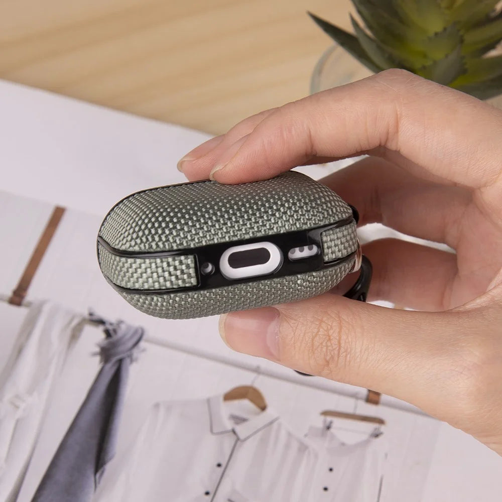 For Apple AirPods 4 Woven Texture Waterproof PC Case with Carabiner Earphone Protective Cover - Dark Blue - 7