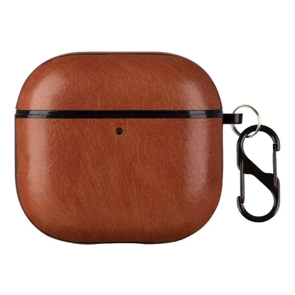 For AirPods 4 Earphone Case PC + PU Leather Protective Cover with Anti-Loss Hook - Light Brown - 1