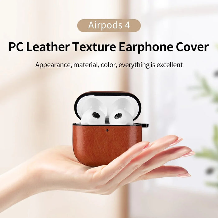 For AirPods 4 Earphone Case PC + PU Leather Protective Cover with Anti-Loss Hook - Light Brown - 2